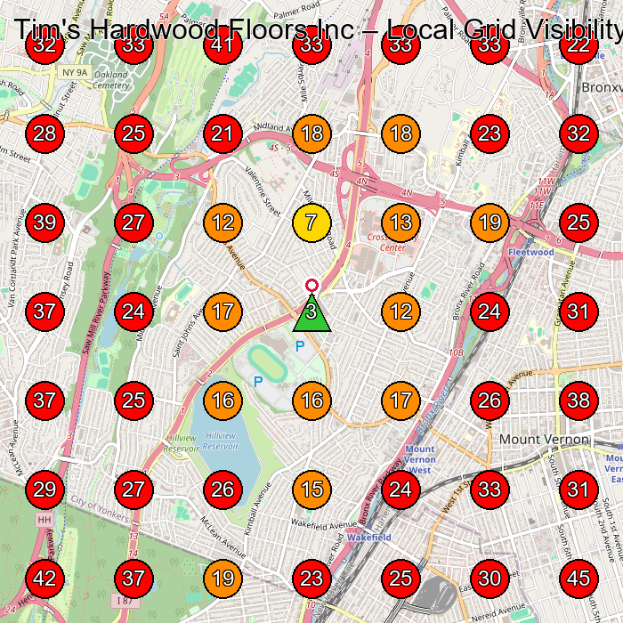 Tim's Hardwood Floors Inc GeoGrid visibility map for Flooring Contractor in Mt Vernon